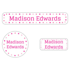 kids iron-on clothing labels value pack in dots powderpuff pink