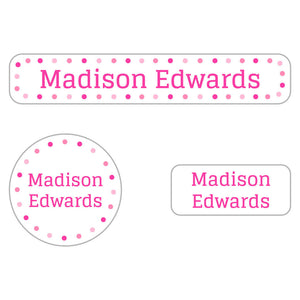 dots powderpuff pink iron-on clothing labels pack