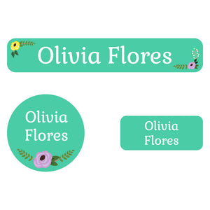 iron-on clothing labels pack floral turquoise