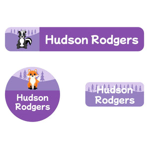 iron-on clothing labels combo pack for kids forest animals purple