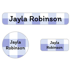 gingham periwinkle iron-on labels pack