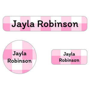 gingham pink iron-on labels pack