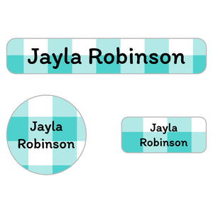 gingham teal iron-on labels pack