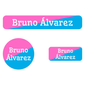 two-tone pink bright blue iron-on clothing labels pack