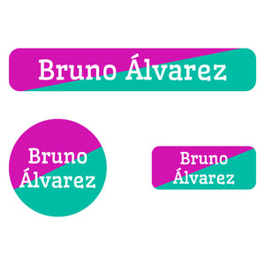 two-tone red violet turquoise iron-on clothing labels pack