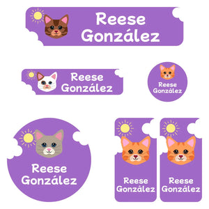 cats purple kindergarten labels pack