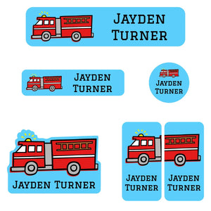 kids kindergarten name labels in fire truck blue