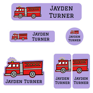 kids kindergarten name labels in fire truck purple
