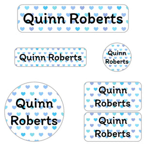 kids name labels for kindergarten in hearts blue