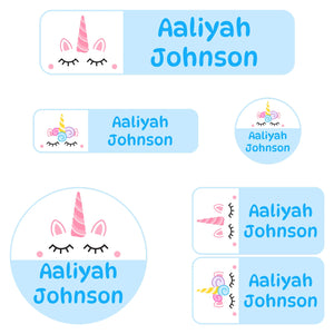 kindergarten name labels for kids unicorn light blue
