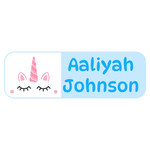 large name labels for kids unicorn light blue