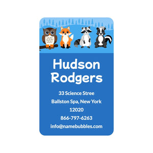 personalized luggage tag stickers for kids in forest animals blue