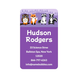 personalized luggage tag stickers for kids in forest animals purple