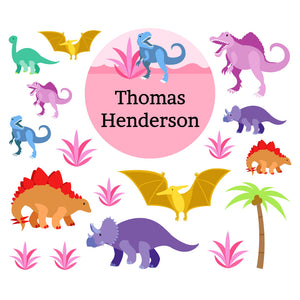 lunchbox name labels and stickers for kids in dinosaurs pink