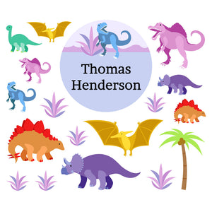 lunchbox name labels and stickers for kids in dinosaurs purple
