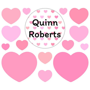 kids' lunchbox name label and stickers in hearts pink