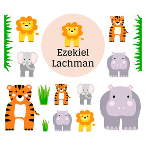 lunchbox name tags and stickers in zoo animals cream