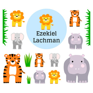 lunchbox name tags and stickers in zoo animals blue