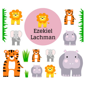 lunchbox name tags and stickers in zoo animals muted pink