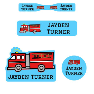 baby name labels for kids in fire truck blue