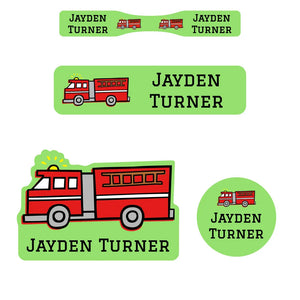 baby name labels for kids in fire truck green