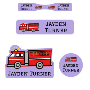 baby name labels for kids in fire truck purple