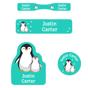personalized name labels for babies - penguins aqua