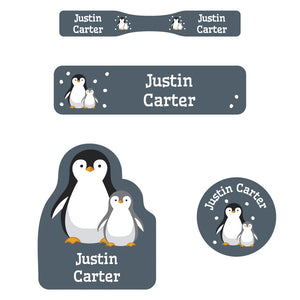 personalized name labels for babies - penguins blue gray