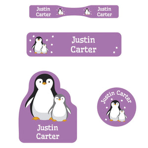 personalized name labels for babies - penguins lavender
