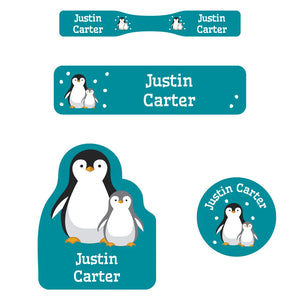 personalized name labels for babies - penguins teal