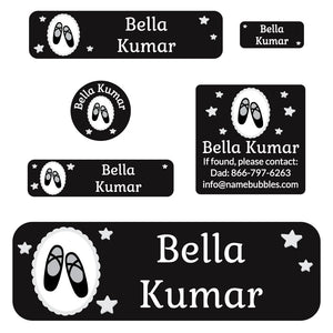 kids school name labels in ballet black