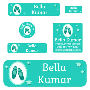 kids school name labels in ballet turquoise