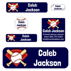 school supply name labels pack for kids baseball dark blue