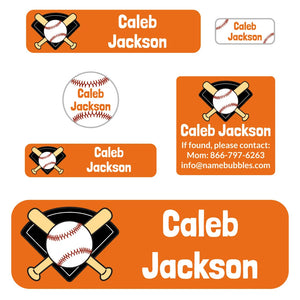 school supply name labels pack for kids baseball orange