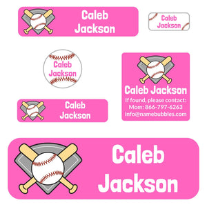 school supply name labels pack for kids baseball pink