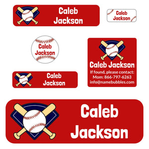 school supply name labels pack for kids baseball red