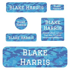personalized name stickers for school in camo blue