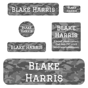 personalized name stickers for school in camo gray