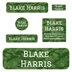 personalized name stickers for school in camo green