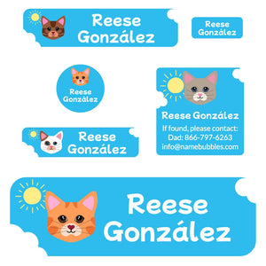 cats blue school labels pack