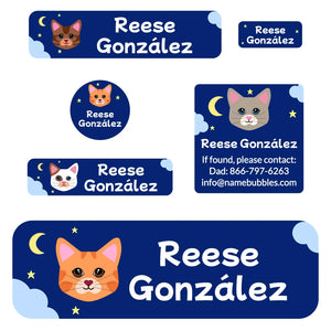 cats dark blue school labels pack