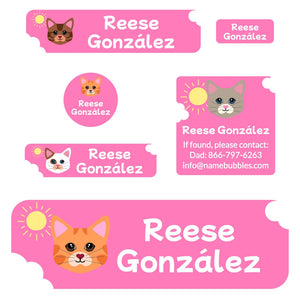 cats pink school labels pack