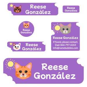 cats purple school labels pack