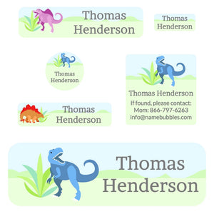 school labels pack dinosaurs green