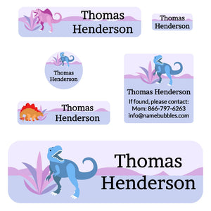 school labels pack dinosaurs purple