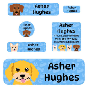 school labels pack dogs blue
