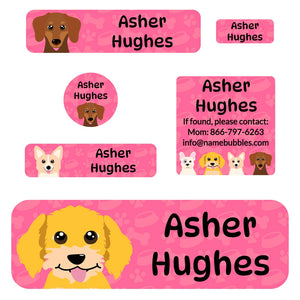 school labels pack dogs pink