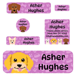 school labels pack dogs purple