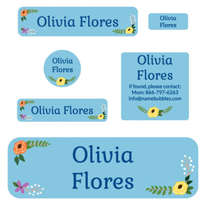school labels pack floral blue