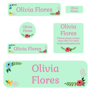 school labels pack floral pink